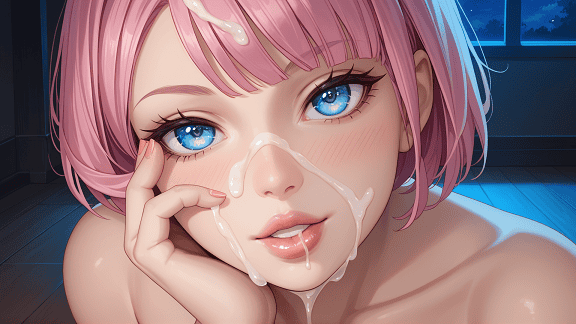 Anime girl with pink hair and blue eyes, looking at the viewer with a gentle expression.